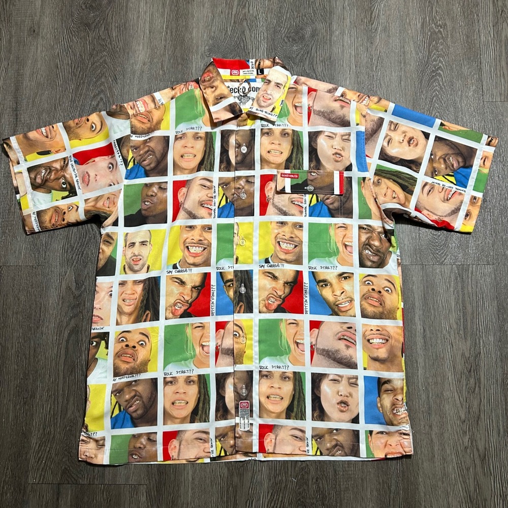 Ecko Unltd Button Up Shirt Large Ice Grillin Photo Print Complex Y2K Vintage